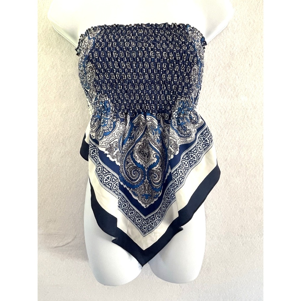 Smocked bandana Tube Top Paisley Blue Small Festival Indie Sleaze Boho Chic